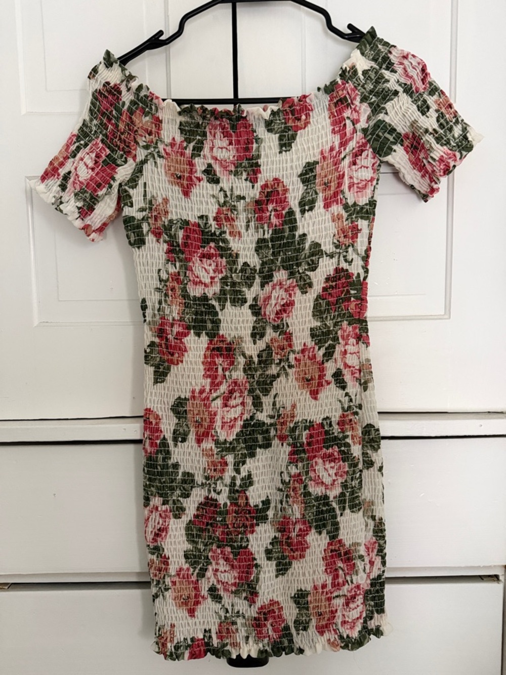 Floral Smocked Off-Shoulder Mini Dress in Cream, Pink and Green